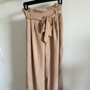 Tie waist khaki wide leg trousers